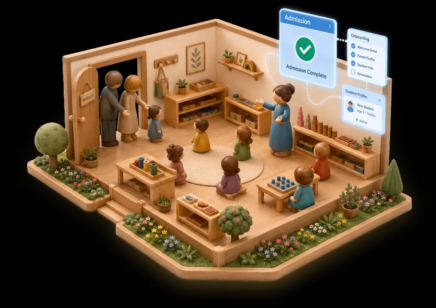 Montessori classroom illustration with admissions complete notification