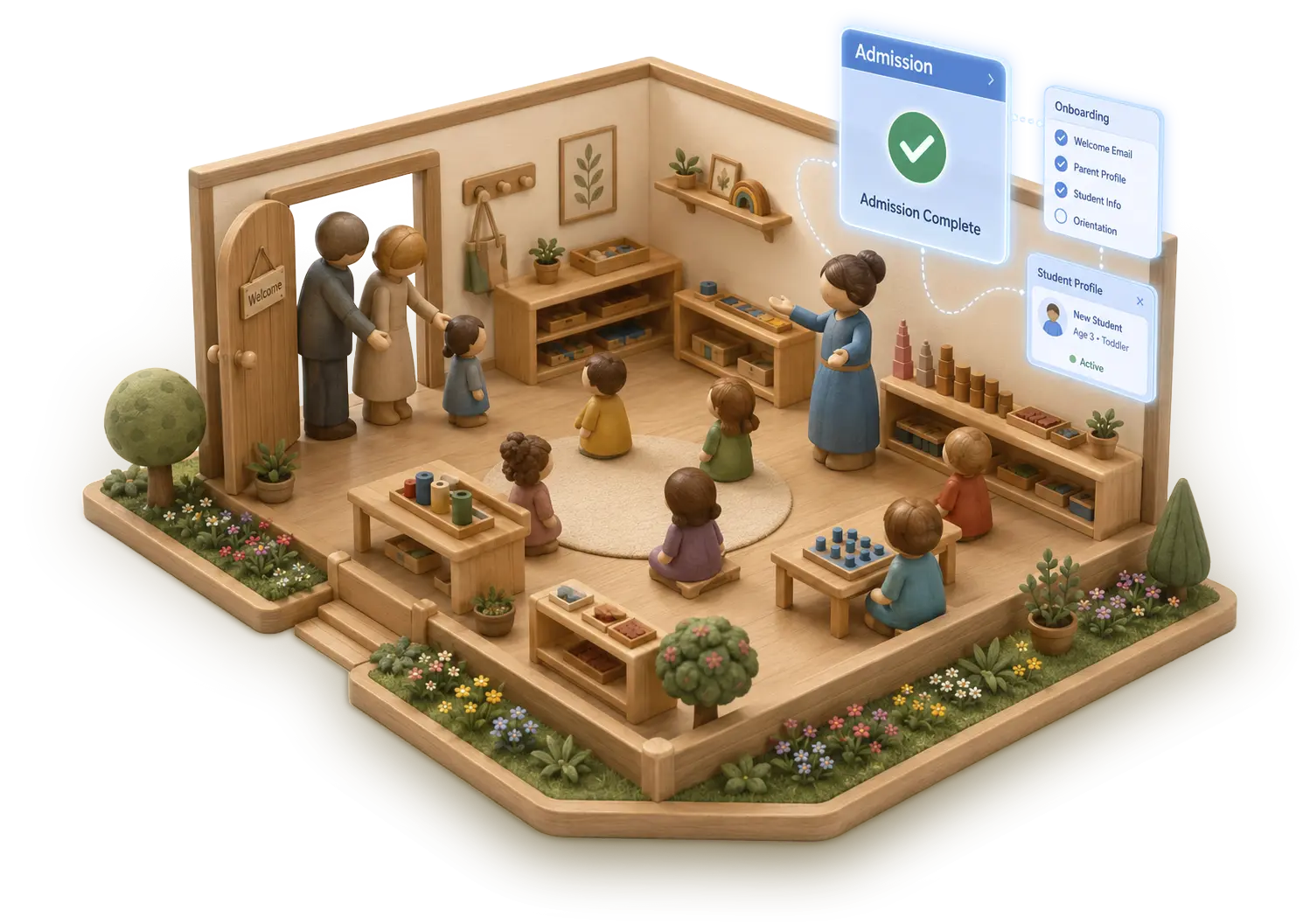 Montessori classroom illustration with admissions complete notification